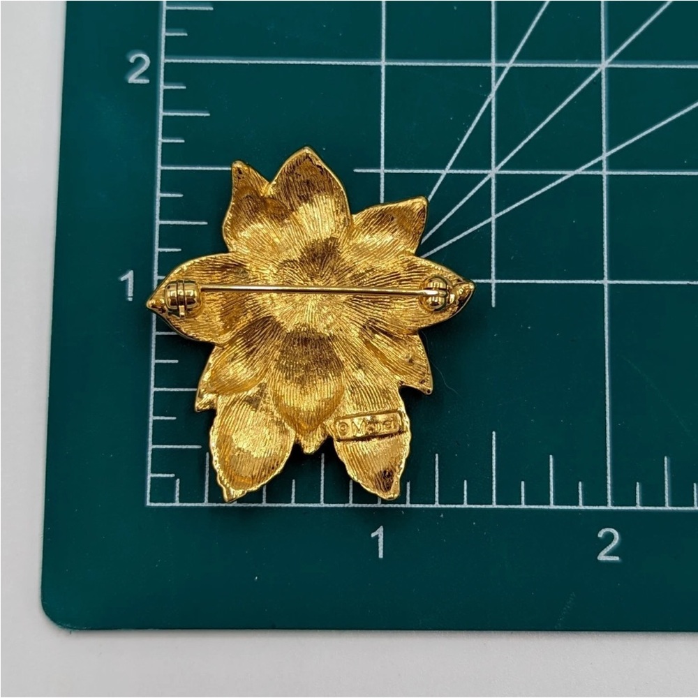 Monet Red and Gold Rhinestone Poinsettia Brooch - Picture 8 of 10